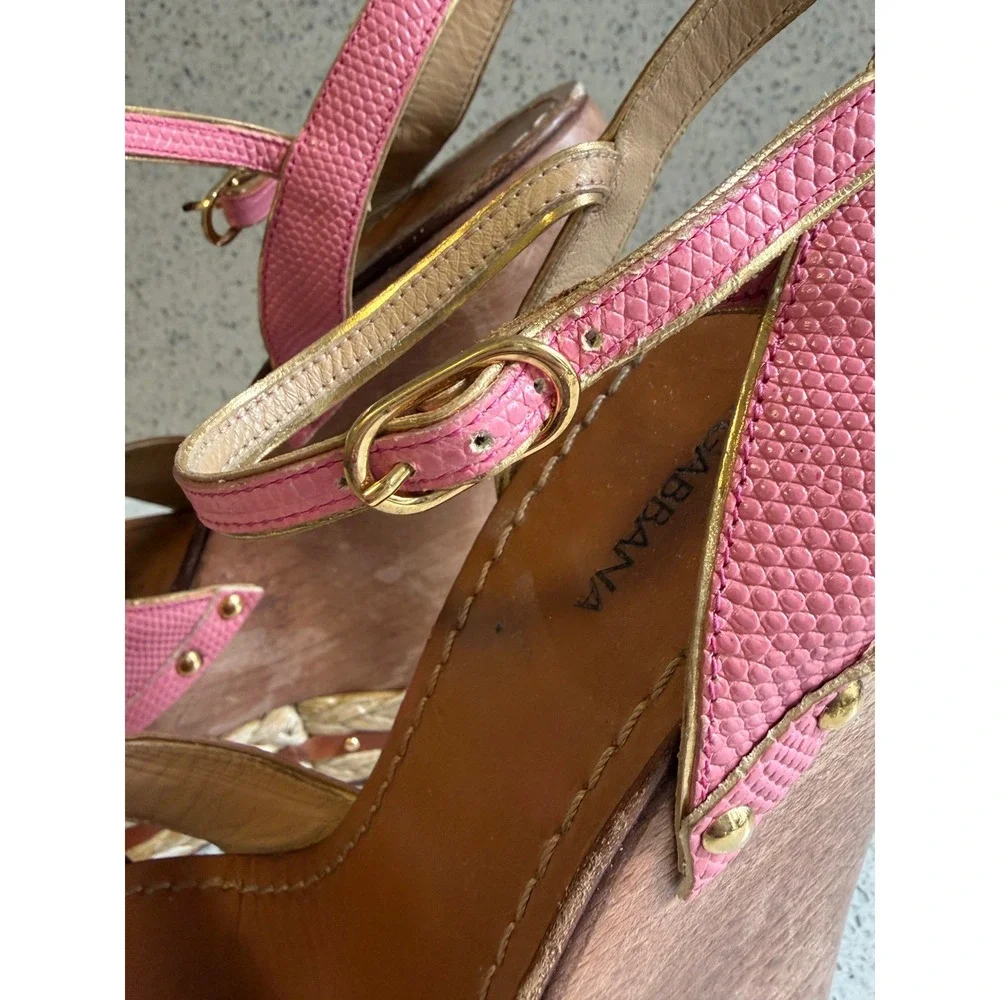 Dolce & Gabbana Pink Lizard Embossed Wood Wedge Sandals Studded Platform 41